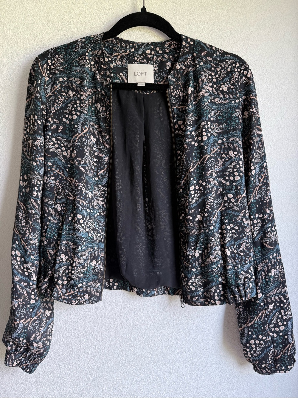 LOFT Black Bomber Jacket with Teal and Blush Floral Print